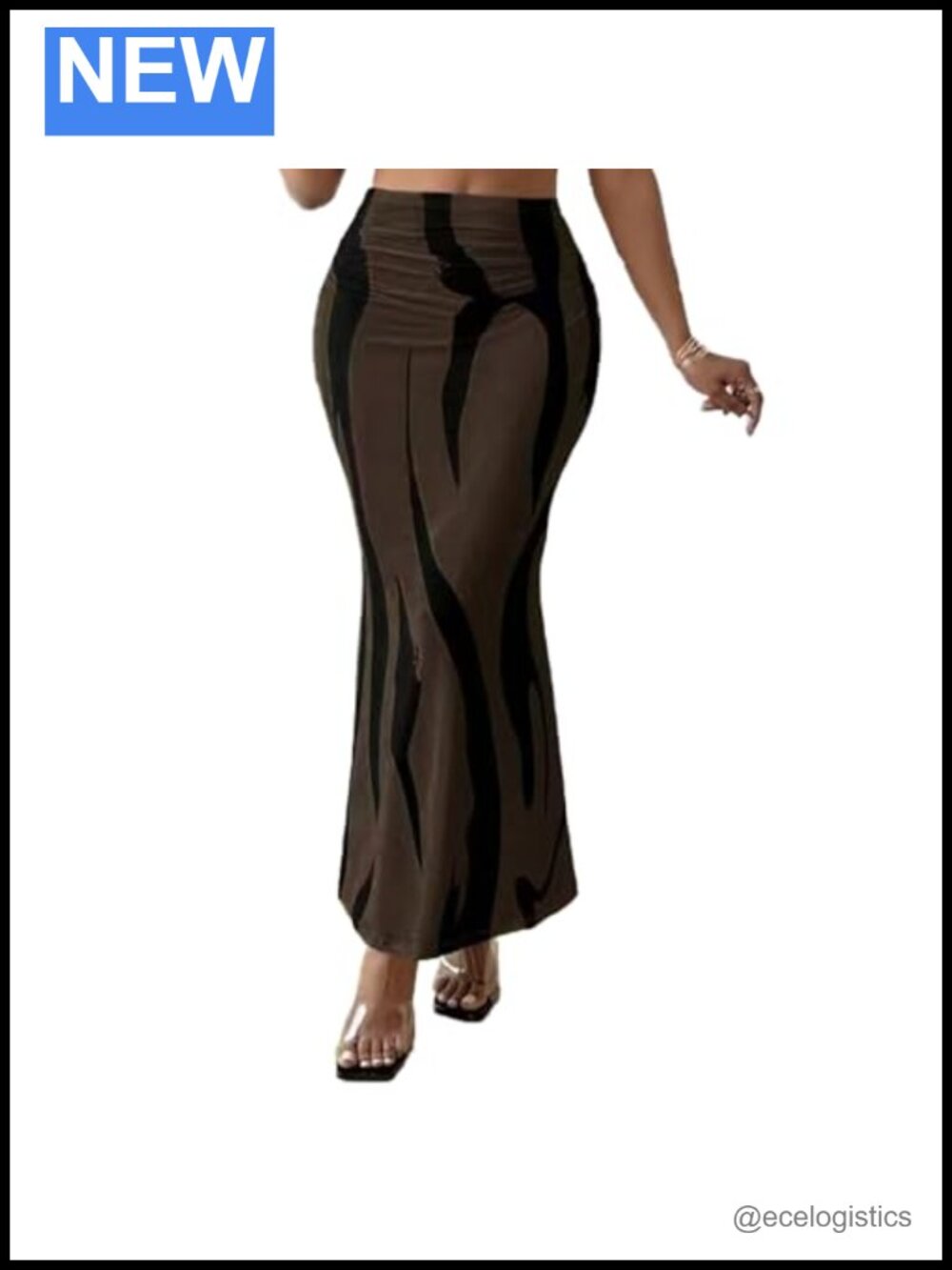 Women's Fishtail Pencil Midi Skirt High Waist Elastic Striped Pull On